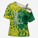 Australian Opals Basketball Cross Shoulder Shirt Geometric Tribal Pattern In Green And Gold Athletic Art