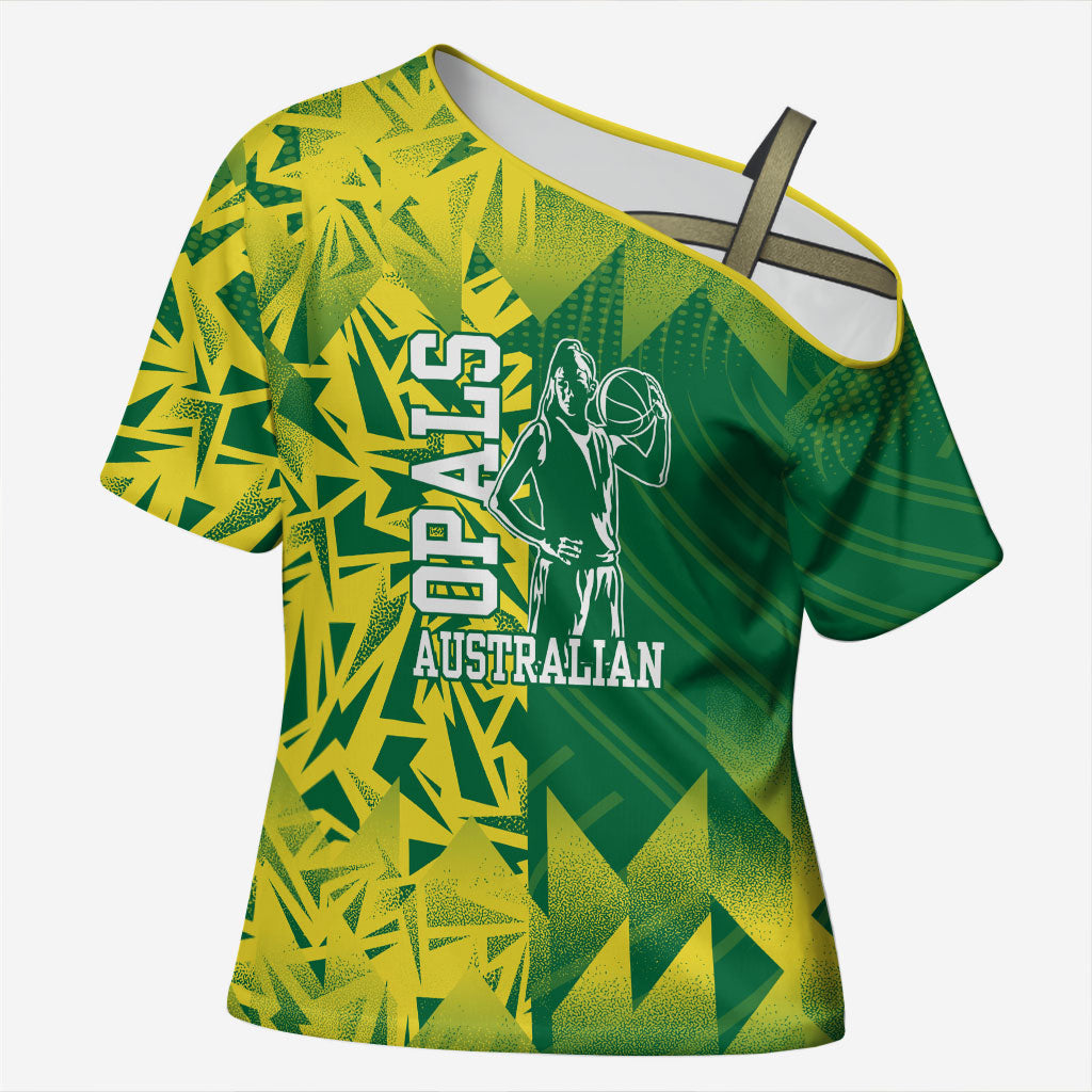 Australian Opals Basketball Cross Shoulder Shirt Geometric Tribal Pattern In Green And Gold Athletic Art