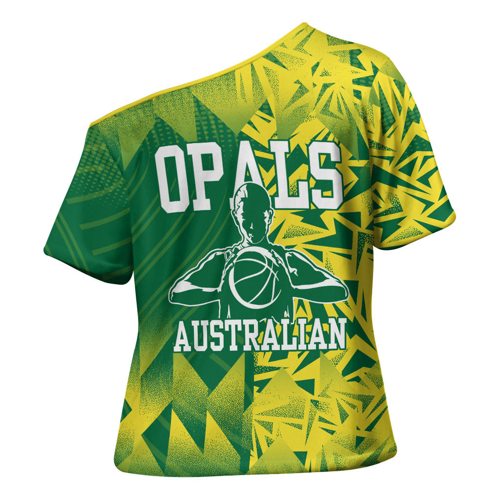 Australian Opals Basketball Cross Shoulder Shirt Geometric Tribal Pattern In Green And Gold Athletic Art