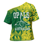 Australian Opals Basketball Cross Shoulder Shirt Geometric Tribal Pattern In Green And Gold Athletic Art