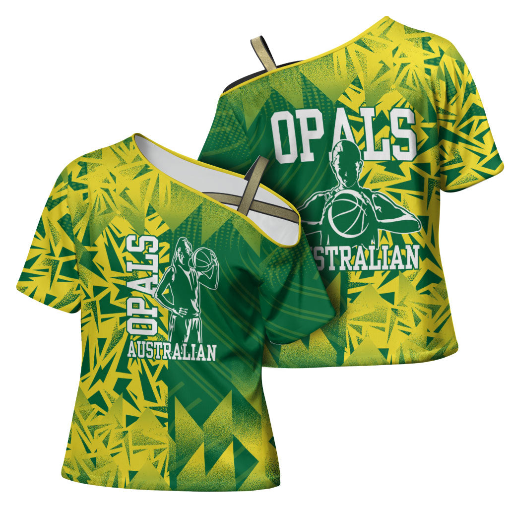 Australian Opals Basketball Cross Shoulder Shirt Geometric Tribal Pattern In Green And Gold Athletic Art