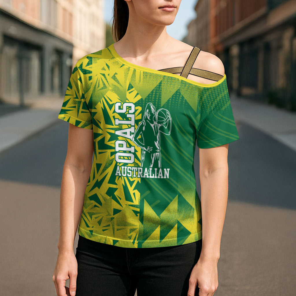 Australian Opals Basketball Cross Shoulder Shirt Geometric Tribal Pattern In Green And Gold Athletic Art