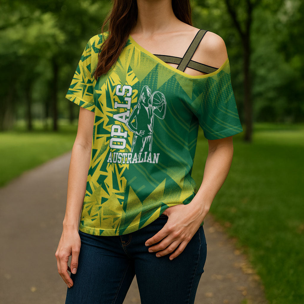 Australian Opals Basketball Cross Shoulder Shirt Geometric Tribal Pattern In Green And Gold Athletic Art
