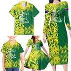 Australian Opals Basketball Family Matching Long Sleeve Bodycon Dress and Hawaiian Shirt Geometric Tribal Pattern In Green And Gold Athletic Art