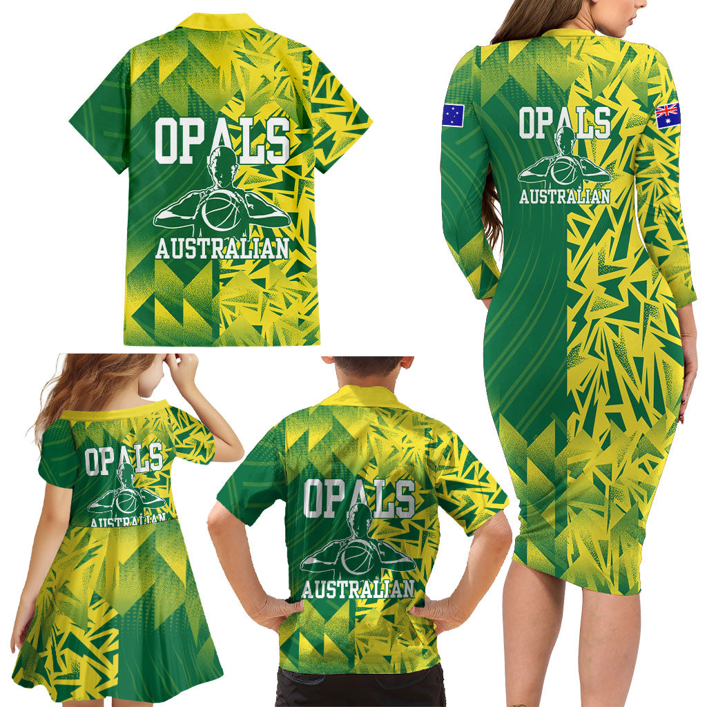 Australian Opals Basketball Family Matching Long Sleeve Bodycon Dress and Hawaiian Shirt Geometric Tribal Pattern In Green And Gold Athletic Art