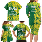 Australian Opals Basketball Family Matching Long Sleeve Bodycon Dress and Hawaiian Shirt Geometric Tribal Pattern In Green And Gold Athletic Art