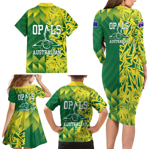 Australian Opals Basketball Family Matching Long Sleeve Bodycon Dress and Hawaiian Shirt Geometric Tribal Pattern In Green And Gold Athletic Art