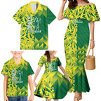 Australian Opals Basketball Family Matching Mermaid Dress and Hawaiian Shirt Geometric Tribal Pattern In Green And Gold Athletic Art