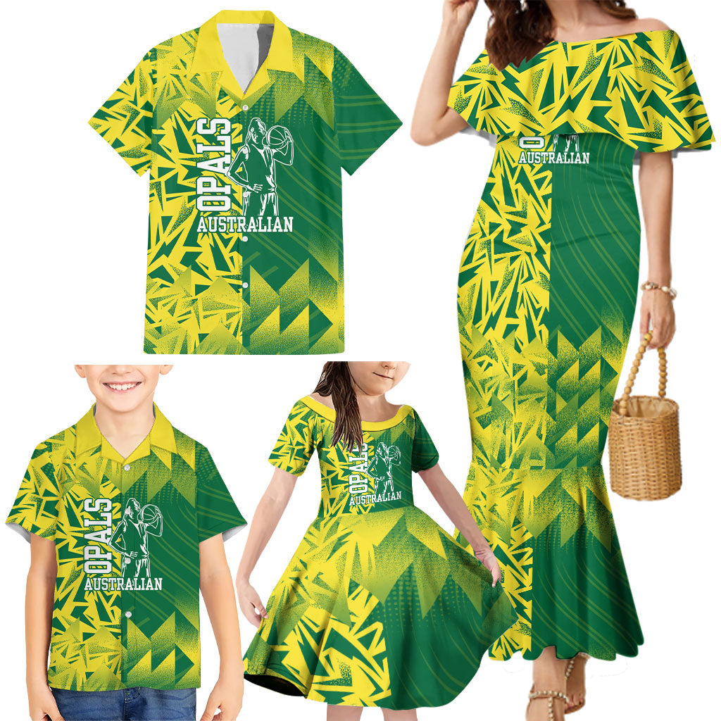 Australian Opals Basketball Family Matching Mermaid Dress and Hawaiian Shirt Geometric Tribal Pattern In Green And Gold Athletic Art