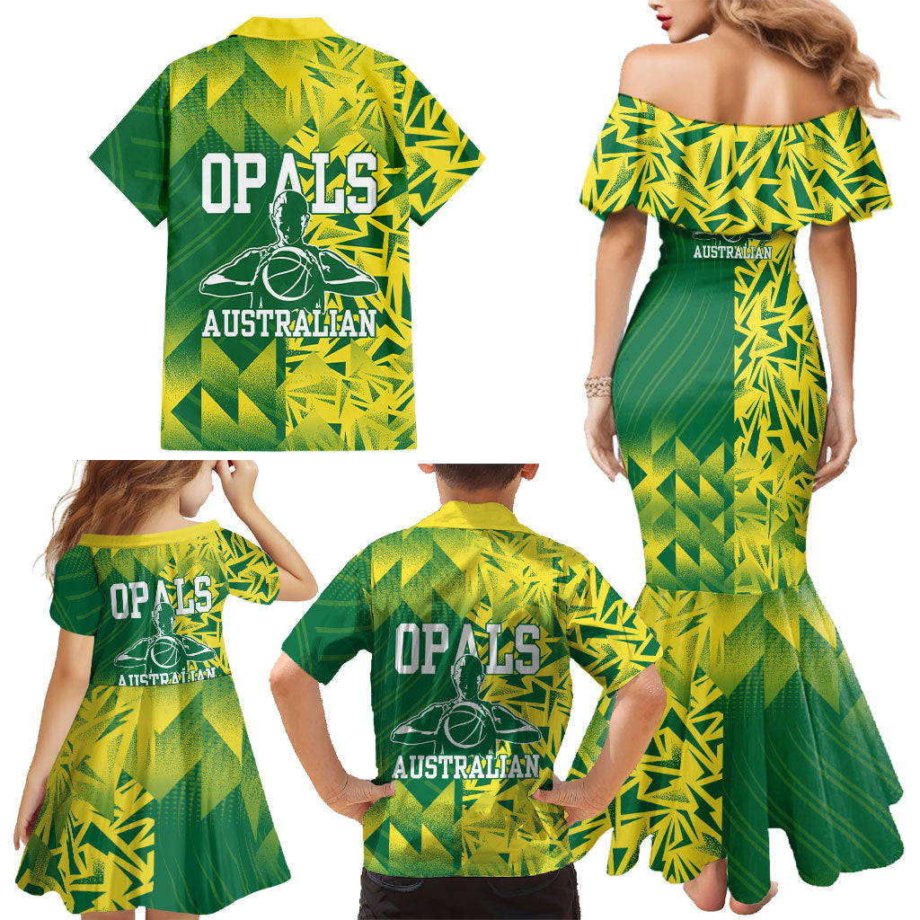 Australian Opals Basketball Family Matching Mermaid Dress and Hawaiian Shirt Geometric Tribal Pattern In Green And Gold Athletic Art