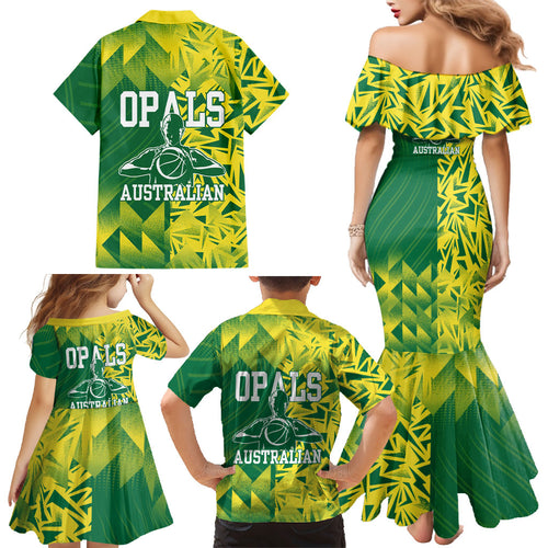 Australian Opals Basketball Family Matching Mermaid Dress and Hawaiian Shirt Geometric Tribal Pattern In Green And Gold Athletic Art