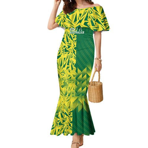Australian Opals Basketball Family Matching Mermaid Dress and Hawaiian Shirt Geometric Tribal Pattern In Green And Gold Athletic Art