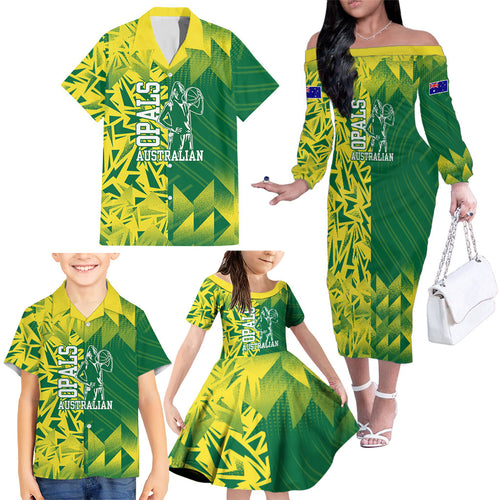 Australian Opals Basketball Family Matching Off The Shoulder Long Sleeve Dress and Hawaiian Shirt Geometric Tribal Pattern In Green And Gold Athletic Art