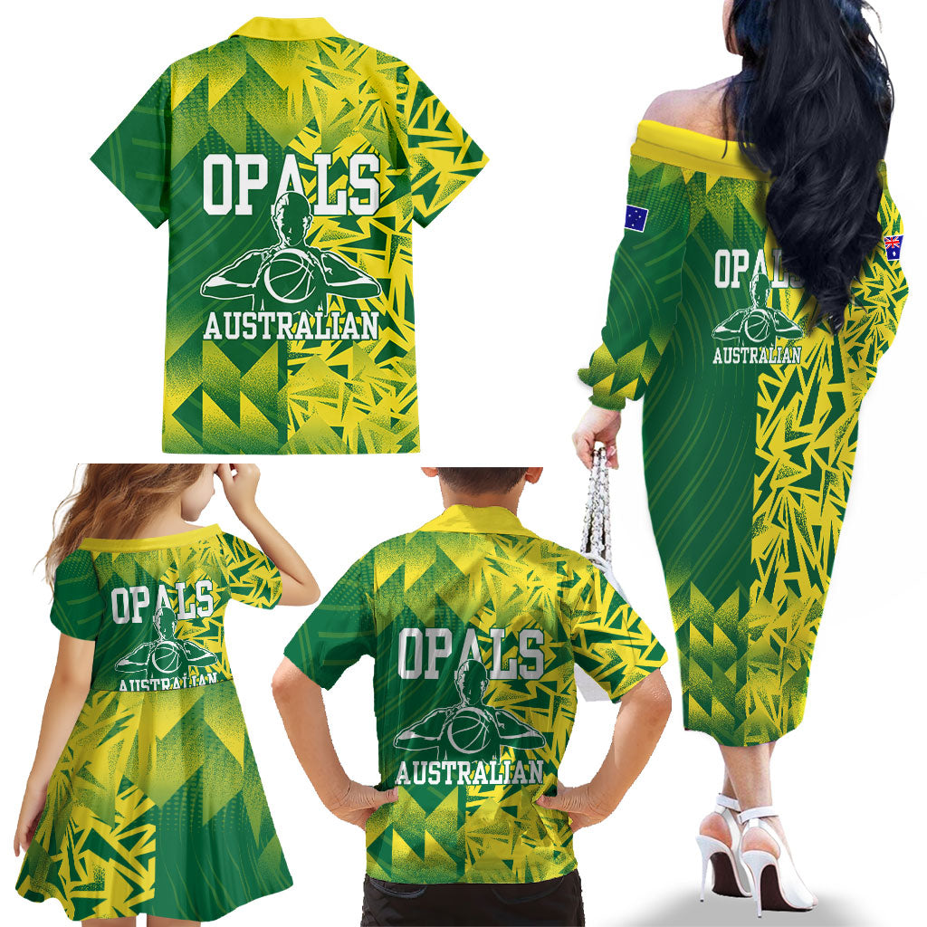 Australian Opals Basketball Family Matching Off The Shoulder Long Sleeve Dress and Hawaiian Shirt Geometric Tribal Pattern In Green And Gold Athletic Art