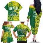 Australian Opals Basketball Family Matching Off The Shoulder Long Sleeve Dress and Hawaiian Shirt Geometric Tribal Pattern In Green And Gold Athletic Art