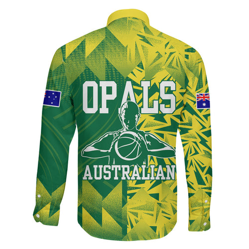 Australian Opals Basketball Family Matching Off The Shoulder Long Sleeve Dress and Hawaiian Shirt Geometric Tribal Pattern In Green And Gold Athletic Art