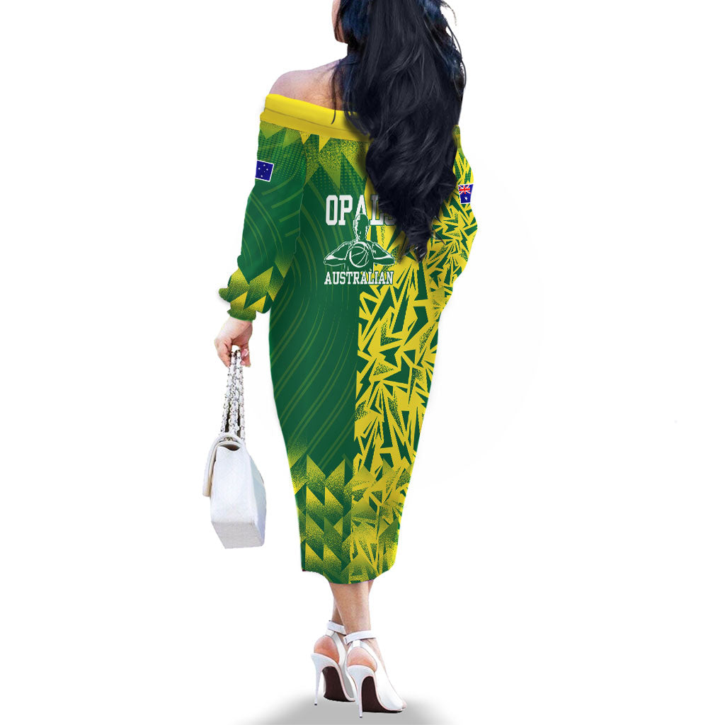 Australian Opals Basketball Family Matching Off The Shoulder Long Sleeve Dress and Hawaiian Shirt Geometric Tribal Pattern In Green And Gold Athletic Art