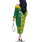 Australian Opals Basketball Family Matching Off The Shoulder Long Sleeve Dress and Hawaiian Shirt Geometric Tribal Pattern In Green And Gold Athletic Art