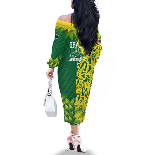 Australian Opals Basketball Family Matching Off The Shoulder Long Sleeve Dress and Hawaiian Shirt Geometric Tribal Pattern In Green And Gold Athletic Art
