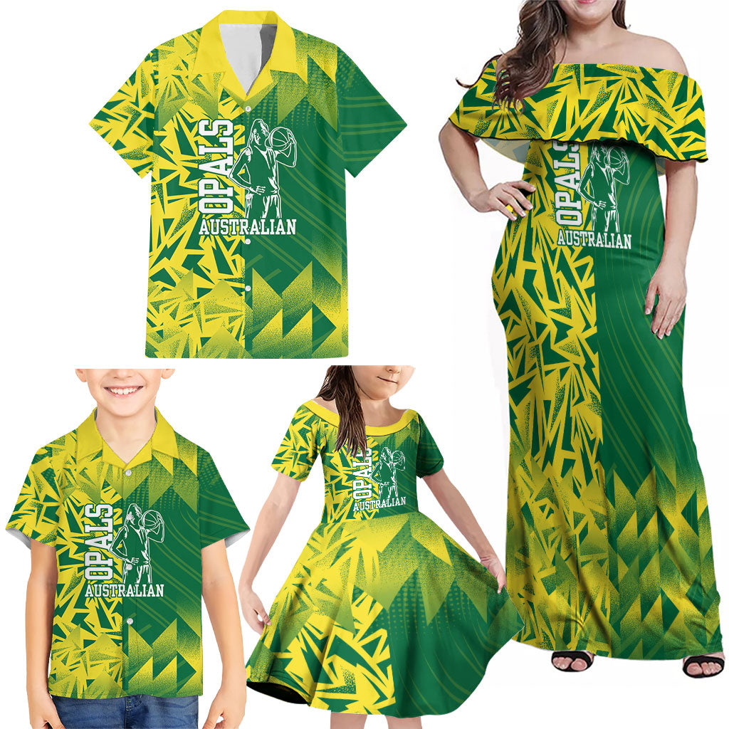 Australian Opals Basketball Family Matching Off Shoulder Maxi Dress and Hawaiian Shirt Geometric Tribal Pattern In Green And Gold Athletic Art