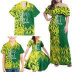 Australian Opals Basketball Family Matching Off Shoulder Maxi Dress and Hawaiian Shirt Geometric Tribal Pattern In Green And Gold Athletic Art