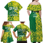 Australian Opals Basketball Family Matching Off Shoulder Maxi Dress and Hawaiian Shirt Geometric Tribal Pattern In Green And Gold Athletic Art