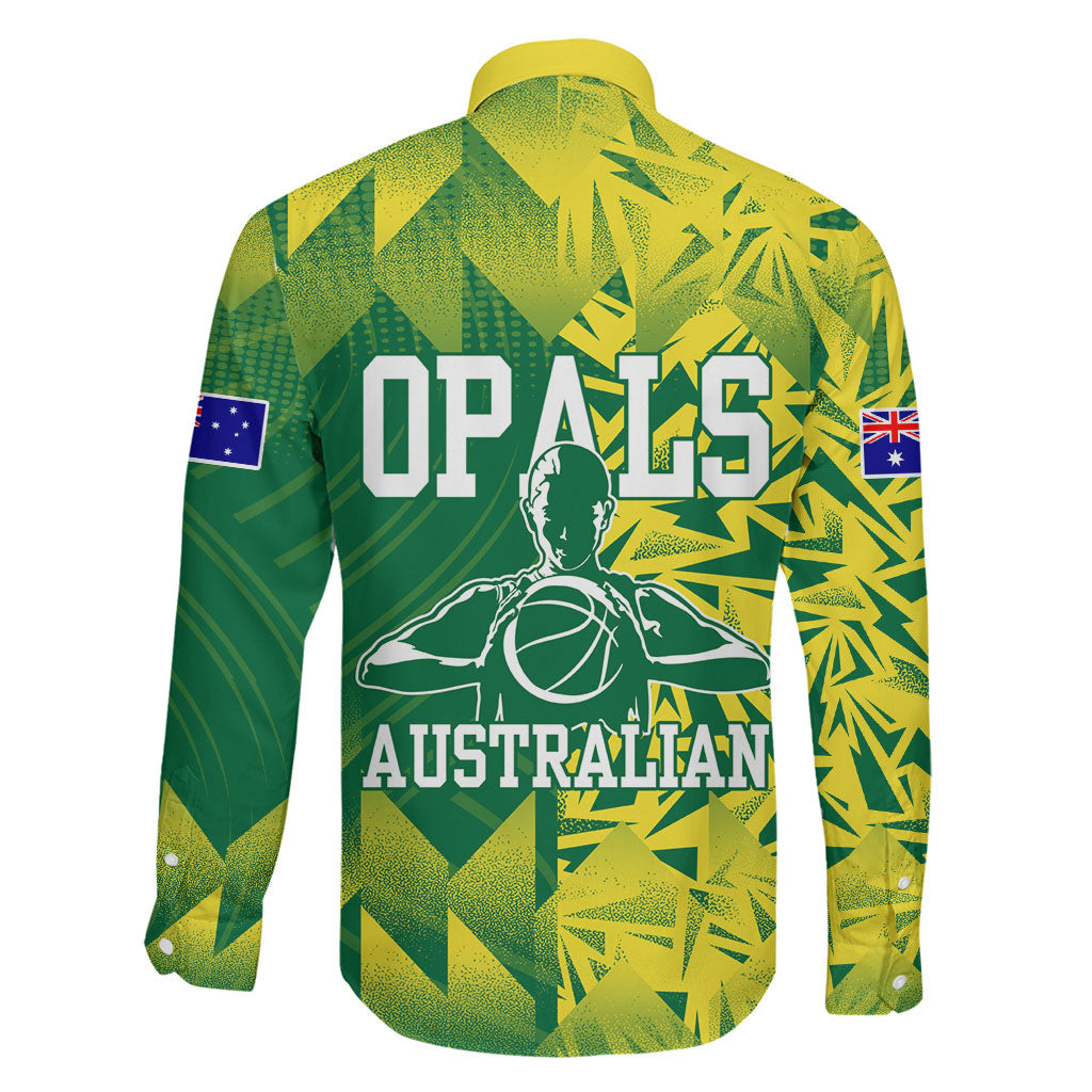 Australian Opals Basketball Family Matching Off Shoulder Maxi Dress and Hawaiian Shirt Geometric Tribal Pattern In Green And Gold Athletic Art