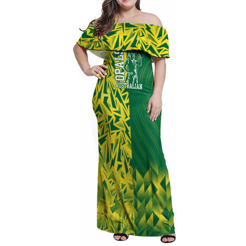 Australian Opals Basketball Family Matching Off Shoulder Maxi Dress and Hawaiian Shirt Geometric Tribal Pattern In Green And Gold Athletic Art