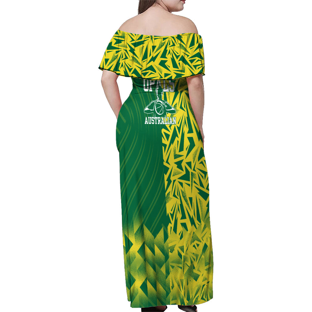 Australian Opals Basketball Family Matching Off Shoulder Maxi Dress and Hawaiian Shirt Geometric Tribal Pattern In Green And Gold Athletic Art
