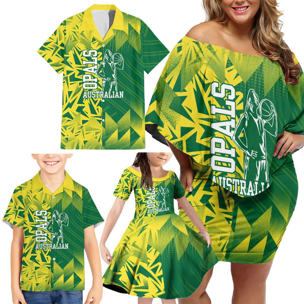 Australian Opals Basketball Family Matching Off Shoulder Short Dress and Hawaiian Shirt Geometric Tribal Pattern In Green And Gold Athletic Art