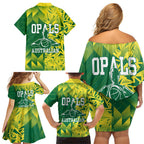 Australian Opals Basketball Family Matching Off Shoulder Short Dress and Hawaiian Shirt Geometric Tribal Pattern In Green And Gold Athletic Art