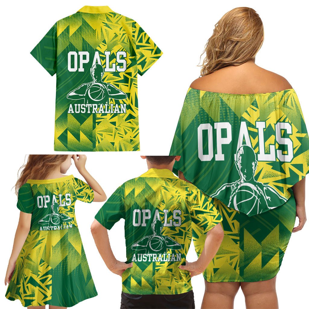 Australian Opals Basketball Family Matching Off Shoulder Short Dress and Hawaiian Shirt Geometric Tribal Pattern In Green And Gold Athletic Art