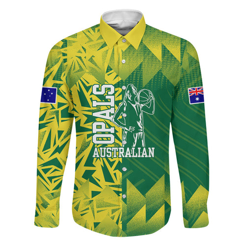 Australian Opals Basketball Family Matching Off Shoulder Short Dress and Hawaiian Shirt Geometric Tribal Pattern In Green And Gold Athletic Art
