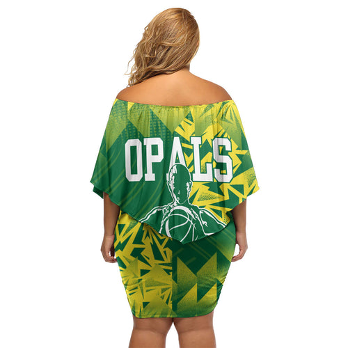 Australian Opals Basketball Family Matching Off Shoulder Short Dress and Hawaiian Shirt Geometric Tribal Pattern In Green And Gold Athletic Art