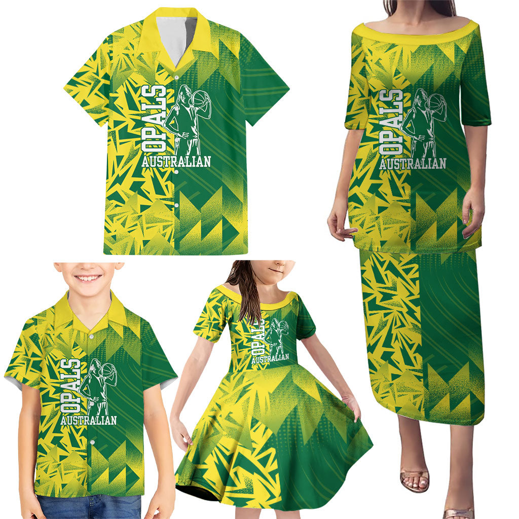 Australian Opals Basketball Family Matching Puletasi and Hawaiian Shirt Geometric Tribal Pattern In Green And Gold Athletic Art