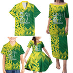 Australian Opals Basketball Family Matching Puletasi and Hawaiian Shirt Geometric Tribal Pattern In Green And Gold Athletic Art