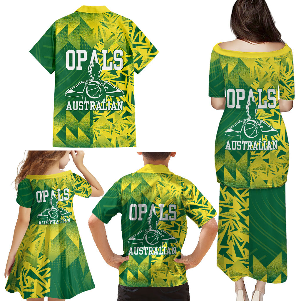 Australian Opals Basketball Family Matching Puletasi and Hawaiian Shirt Geometric Tribal Pattern In Green And Gold Athletic Art