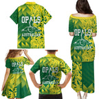 Australian Opals Basketball Family Matching Puletasi and Hawaiian Shirt Geometric Tribal Pattern In Green And Gold Athletic Art