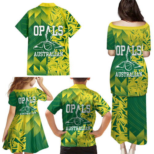 Australian Opals Basketball Family Matching Puletasi and Hawaiian Shirt Geometric Tribal Pattern In Green And Gold Athletic Art