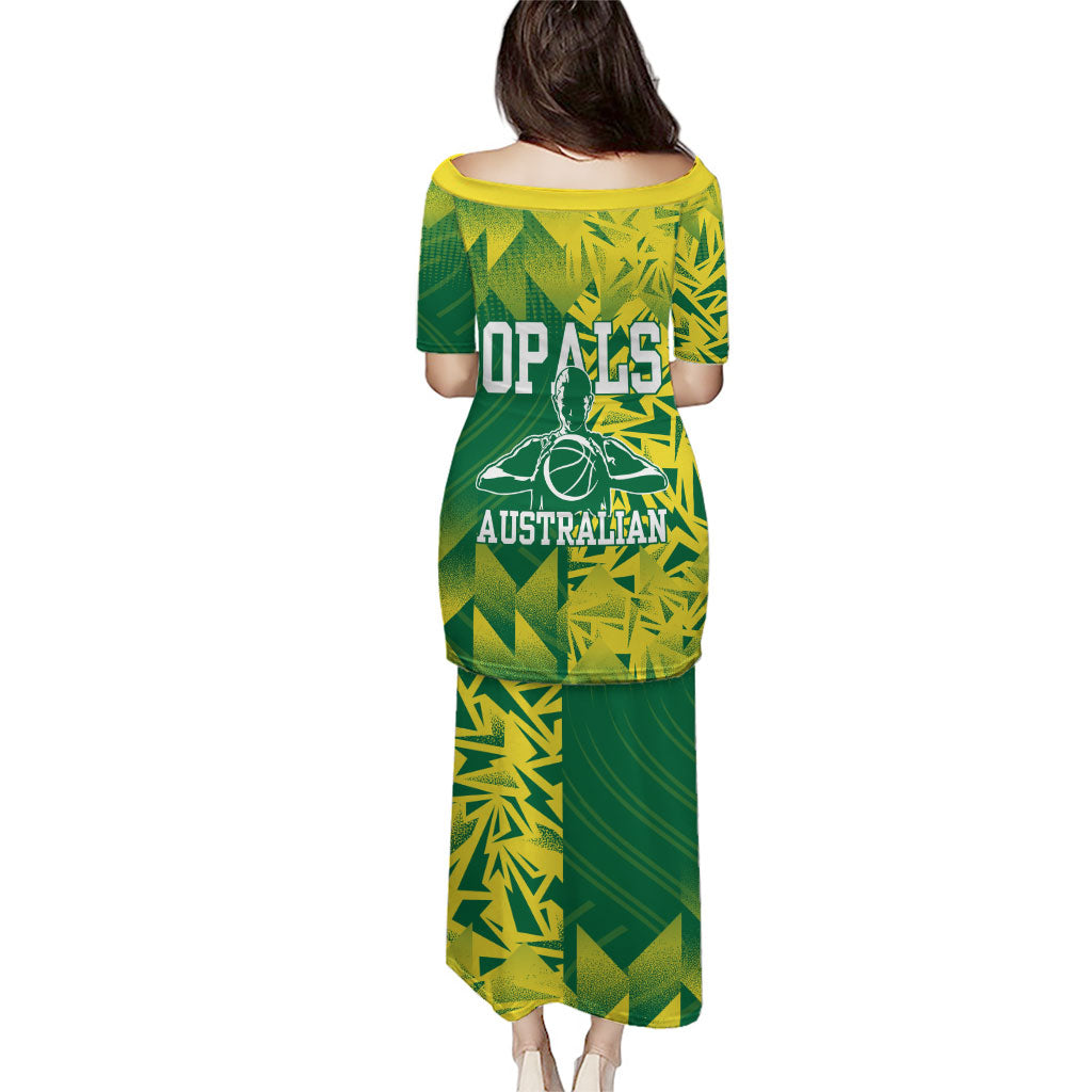 Australian Opals Basketball Family Matching Puletasi and Hawaiian Shirt Geometric Tribal Pattern In Green And Gold Athletic Art
