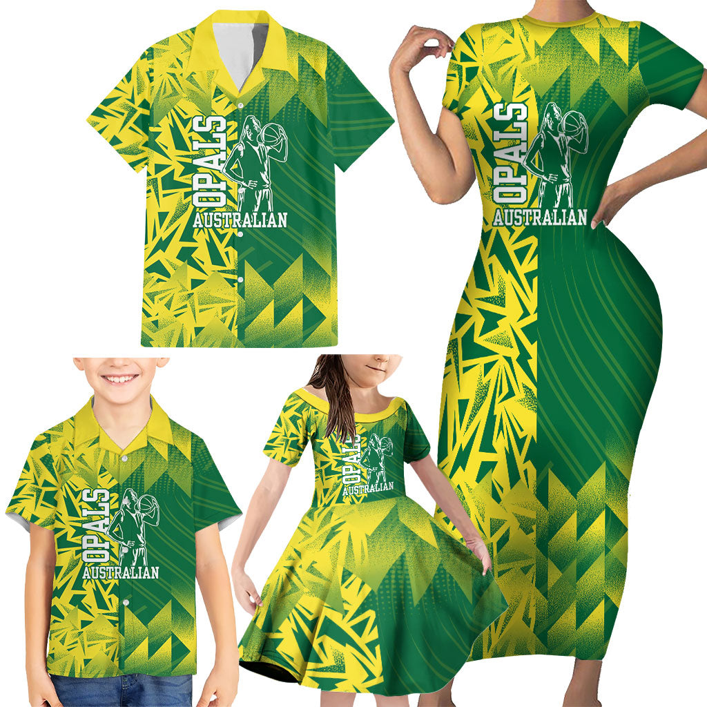 Australian Opals Basketball Family Matching Short Sleeve Bodycon Dress and Hawaiian Shirt Geometric Tribal Pattern In Green And Gold Athletic Art