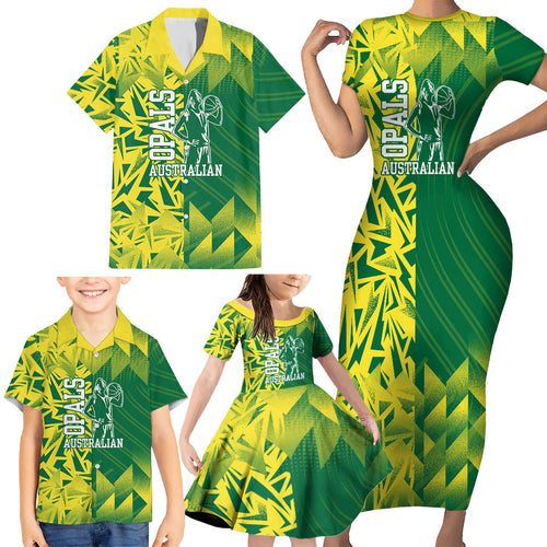 Australian Opals Basketball Family Matching Short Sleeve Bodycon Dress and Hawaiian Shirt Geometric Tribal Pattern In Green And Gold Athletic Art