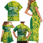 Australian Opals Basketball Family Matching Short Sleeve Bodycon Dress and Hawaiian Shirt Geometric Tribal Pattern In Green And Gold Athletic Art