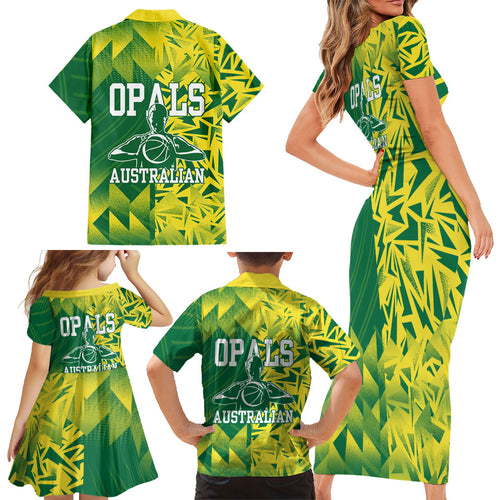 Australian Opals Basketball Family Matching Short Sleeve Bodycon Dress and Hawaiian Shirt Geometric Tribal Pattern In Green And Gold Athletic Art