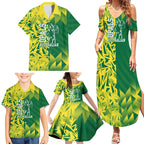 Australian Opals Basketball Family Matching Summer Maxi Dress and Hawaiian Shirt Geometric Tribal Pattern In Green And Gold Athletic Art