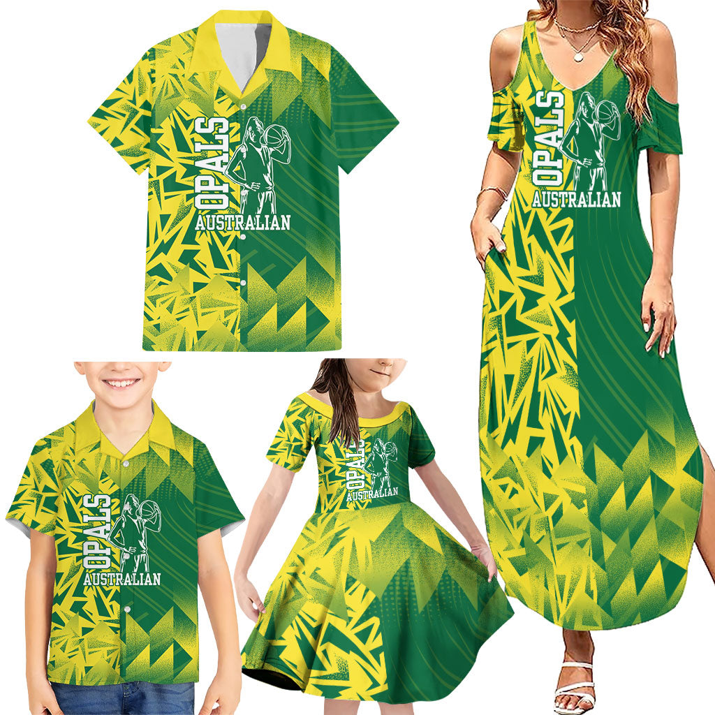 Australian Opals Basketball Family Matching Summer Maxi Dress and Hawaiian Shirt Geometric Tribal Pattern In Green And Gold Athletic Art