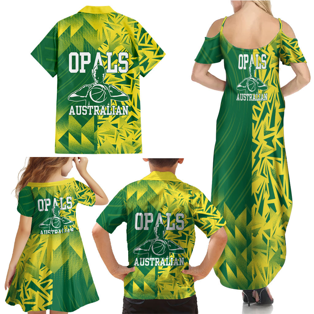 Australian Opals Basketball Family Matching Summer Maxi Dress and Hawaiian Shirt Geometric Tribal Pattern In Green And Gold Athletic Art