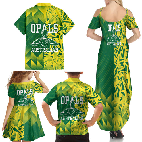 Australian Opals Basketball Family Matching Summer Maxi Dress and Hawaiian Shirt Geometric Tribal Pattern In Green And Gold Athletic Art