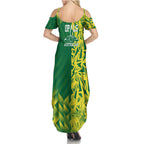 Australian Opals Basketball Family Matching Summer Maxi Dress and Hawaiian Shirt Geometric Tribal Pattern In Green And Gold Athletic Art