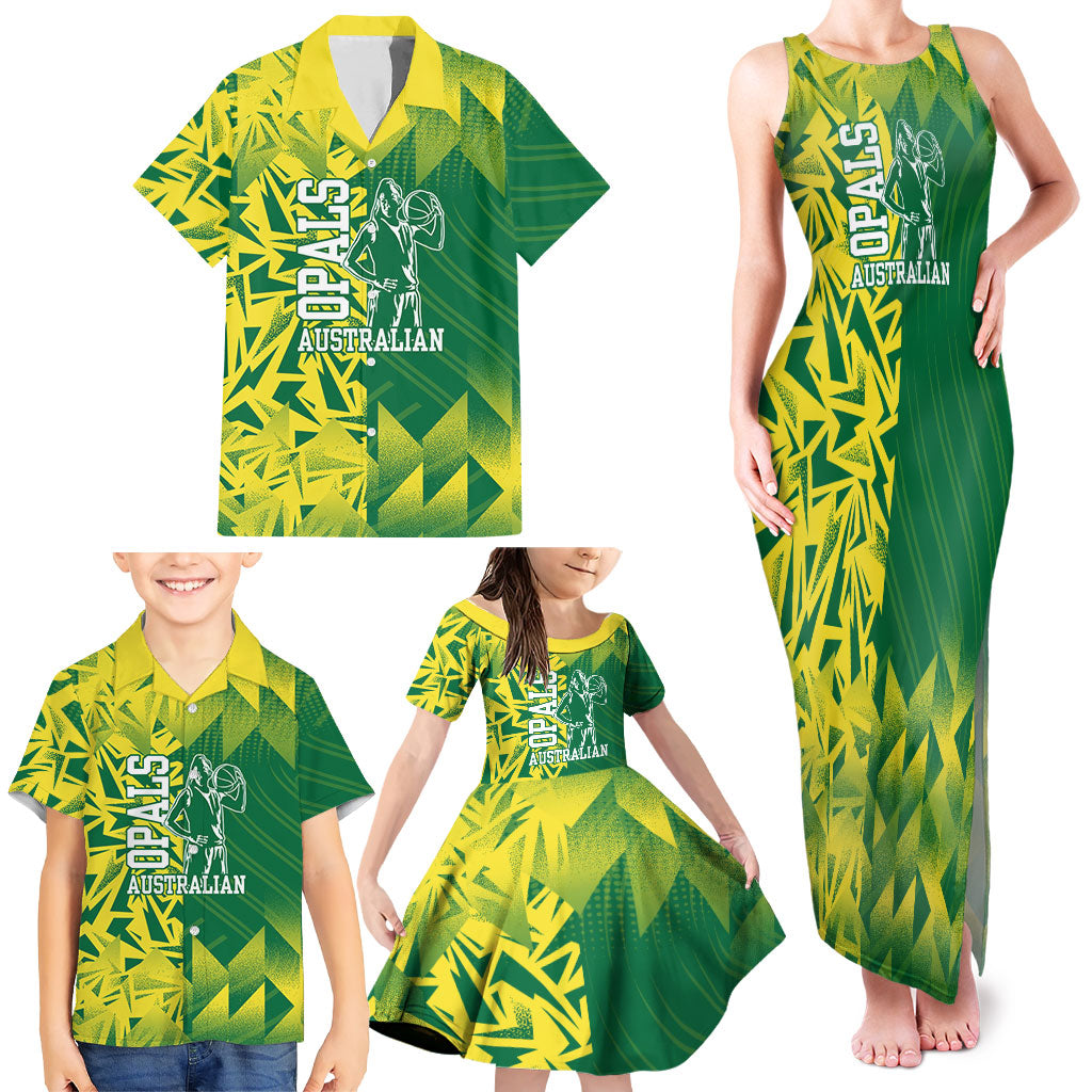 Australian Opals Basketball Family Matching Tank Maxi Dress and Hawaiian Shirt Geometric Tribal Pattern In Green And Gold Athletic Art